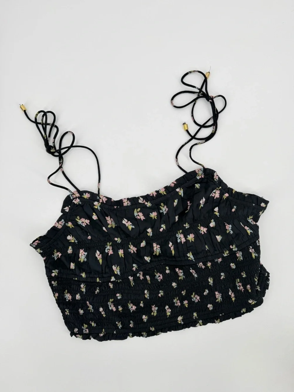 Free People Kaia Smocked Adjustable Strap  Cropped Tank Top Boho Floral Print